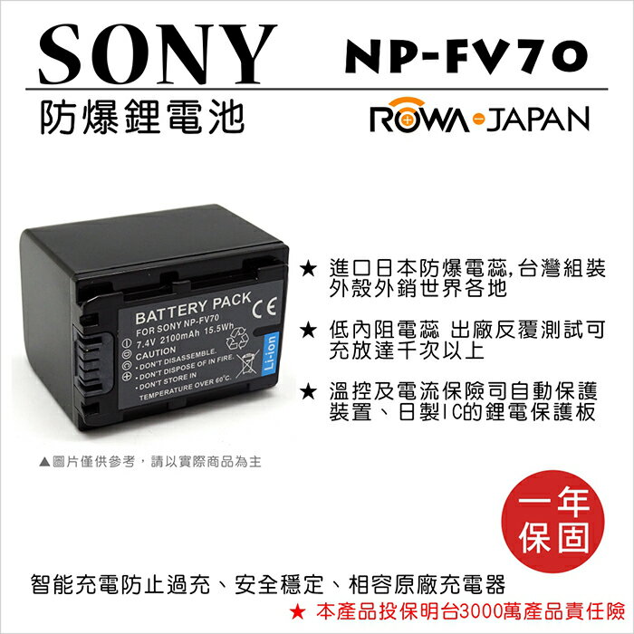 ROWA 樂華 FOR SONY NP-FV70 NPFV70 電池 外銷日本 原廠充電器可用 全新 保固一年 【APP下單點數 加倍】