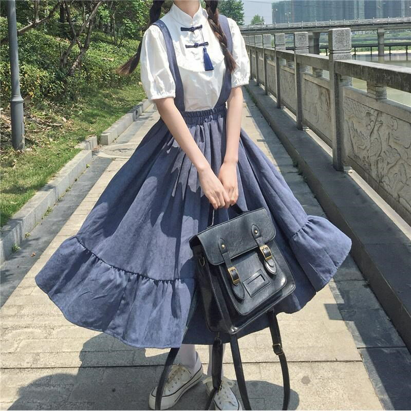學院風夏季新款復古甜美背帶連衣裙+復古百搭顯瘦襯衫單件套裝潮