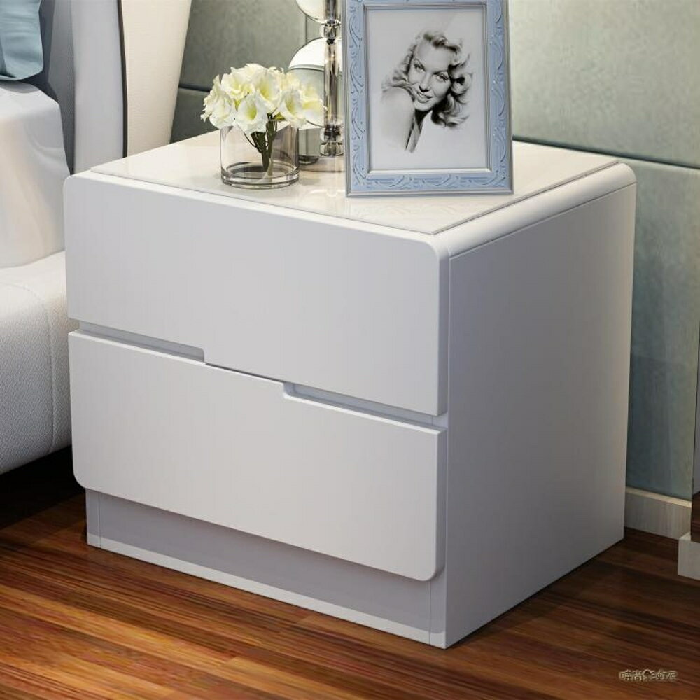 玻璃面烤漆床頭櫃 簡約現代儲物櫃 臥室床邊櫃白色收納MBS「時尚彩虹屋」