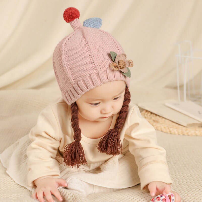 0一1歲嬰兒帽子春秋薄款帶假發可愛公主女童女寶寶辮子毛線帽冬季