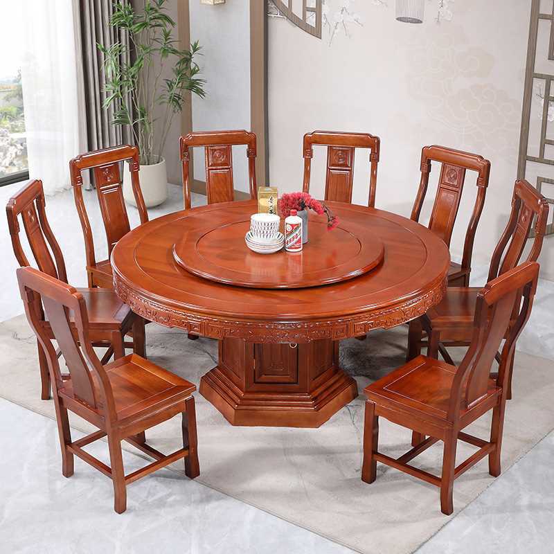中式烏金木全實木大圓桌家用圓形餐桌10人12帶轉盤餐廳吃飯桌子