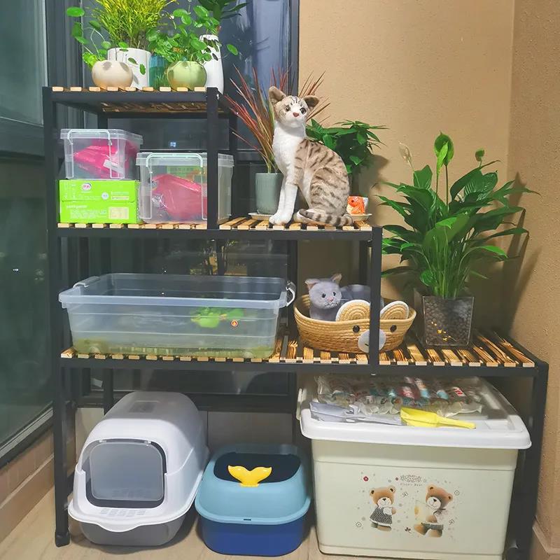 公司貨 免運 實木砂盆置物架寵物用品收納陽臺多層高腳花架子花架貓咪籠架梯形 快速發貨