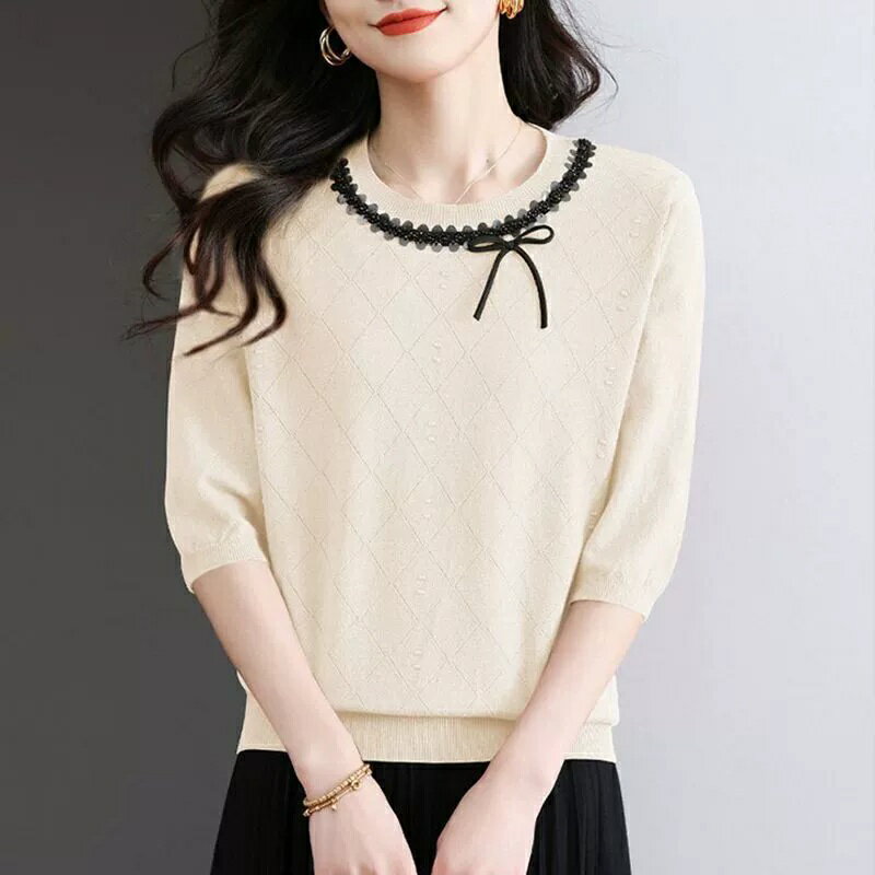 現貨+預購 針織衫七分袖T恤-蝴蝶結釘珠菱格冰絲女上衣4色74kx33【獨家進口】【米蘭精品】