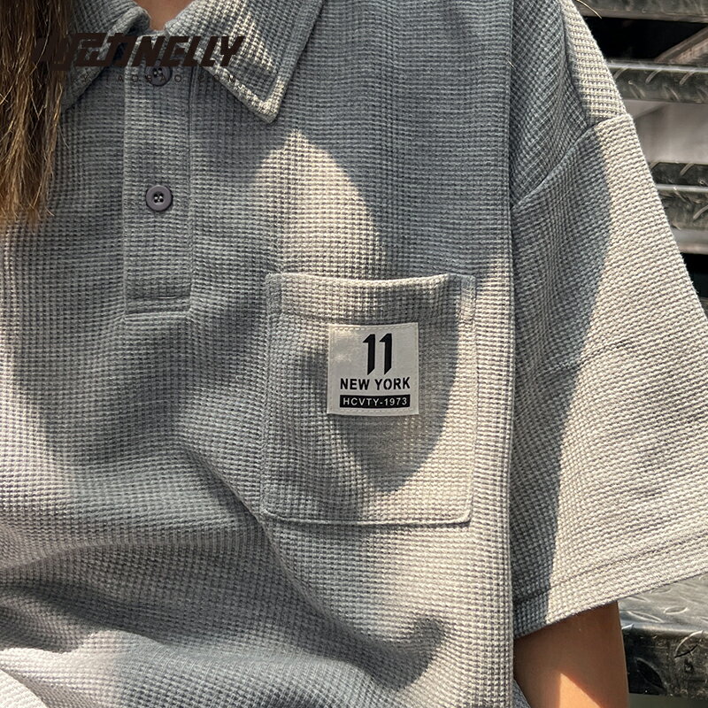 華夫格Polo領短袖t恤男夏季新款復古潮流百搭寬松上衣港風體恤衫