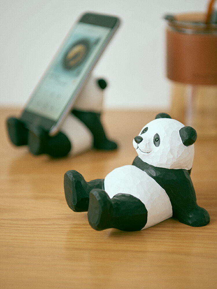 實木熊貓手機支架木雕桌面小擺件手工木質平板支撐架卡通可愛禮物