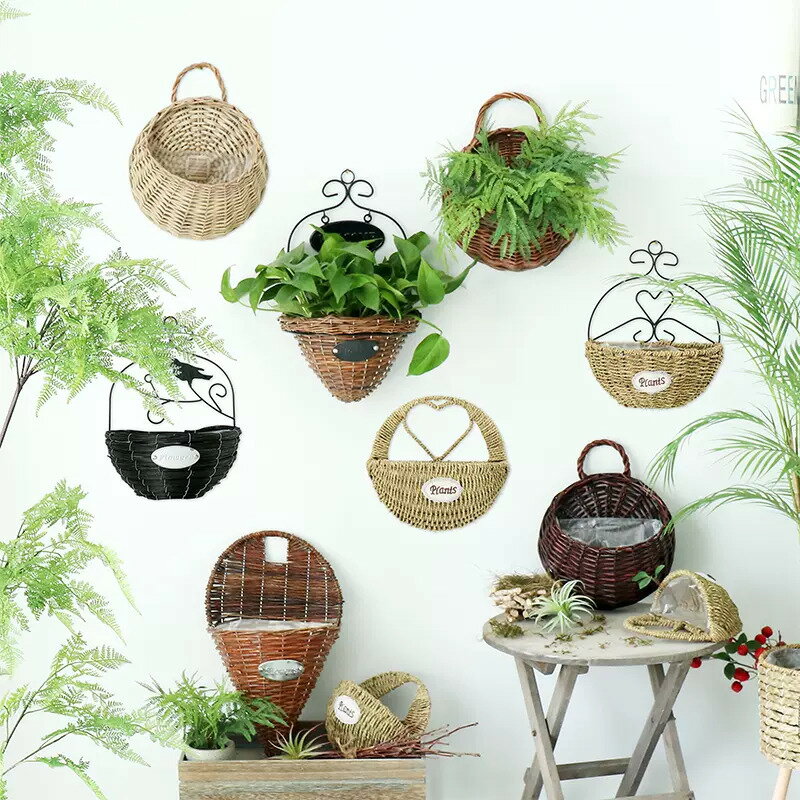 田園草編墻面壁掛裝飾花籃藤編吊籃綠蘿花籃歐式創意手工花盆