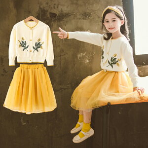 女童網紅洋氣毛衣半身裙秋裝新款韓版中大兒童公主紗裙兩件套1入