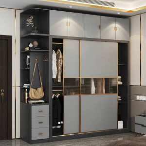 新款北歐移門衣柜家用臥室小戶型組裝現代簡約輕奢推拉門灰色衣櫥