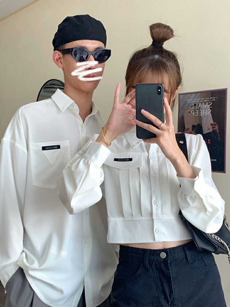 春秋新款修身顯瘦短款設計感情侶裝外穿長袖襯衫上衣女裝