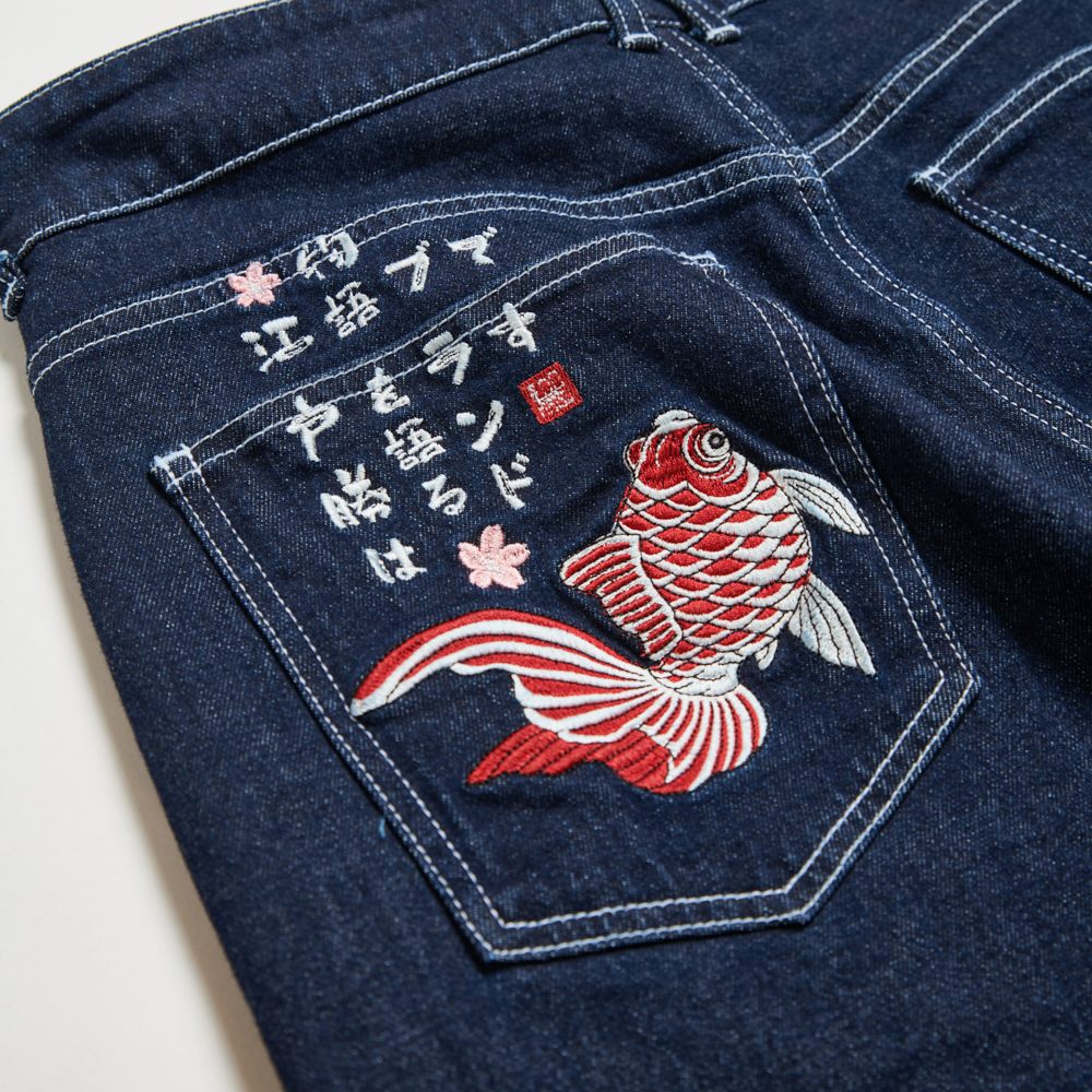 EDOKATSU江戶勝 男款 經典後袋金魚丹寧窄管直筒褲 (酵洗藍) 8