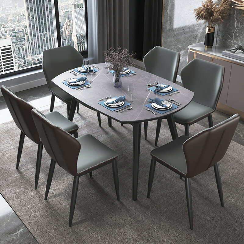 亮光巖板伸縮餐桌椅組合小戶型實木輕奢圓桌北歐折疊飯桌家用客廳