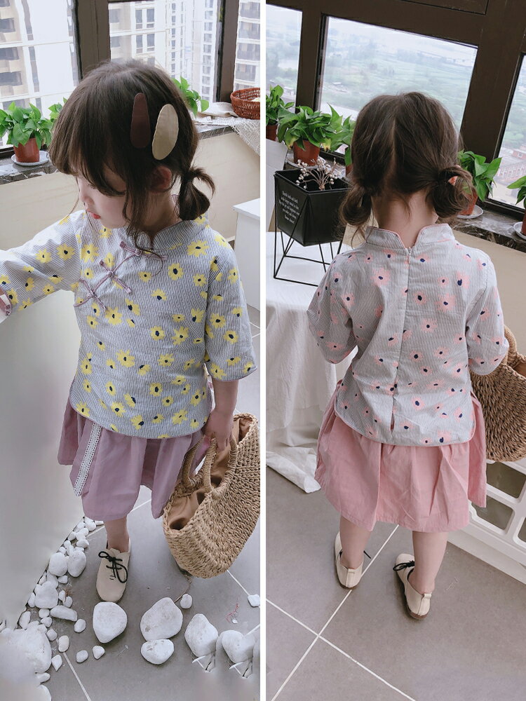 女童寶寶漢服兒童套裝夏季中小童中國風印花上衣+短裙兩件套1入