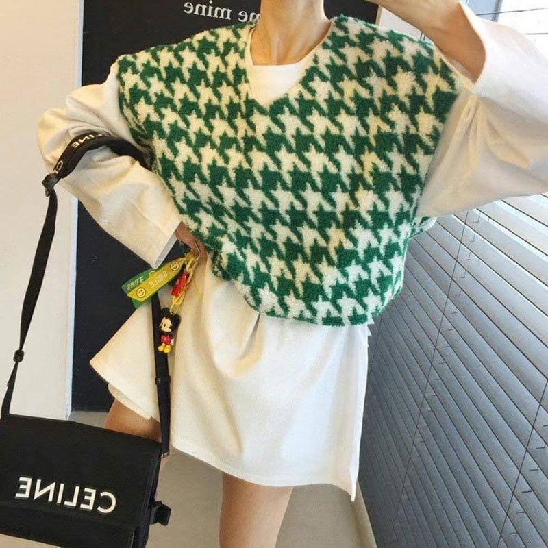 ANNAS 特價 正韓千鳥格紋背心 毛毛馬甲背心 羊羔毛外套 羊羔毛背心 千鳥紋 千鳥格 V領 個性潮流 韓國