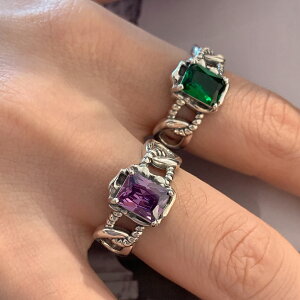 小寶s925純銀獨特復古紫色綠色鋯石鏈條戒指女小眾設計輕奢高級感