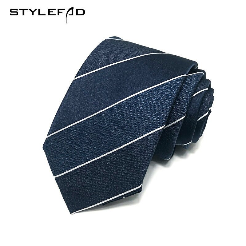 正裝商務男士職業拉鏈領帶藏青色白條紋韓版8cm寬版免打上班領帶