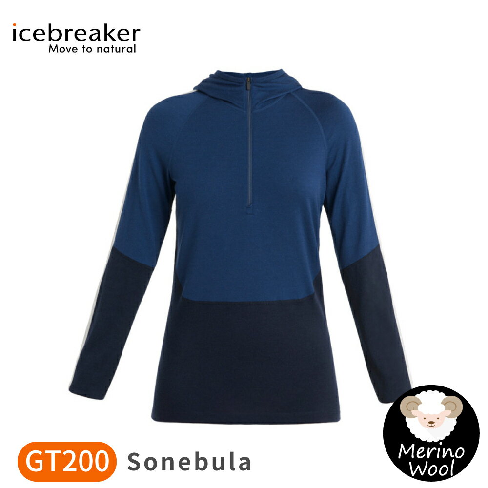 【Icebreaker 女 Sonebula 半開襟連帽長袖上衣 GT200《藍/深藍》】0A56SW/內層衣/帽T/排汗T