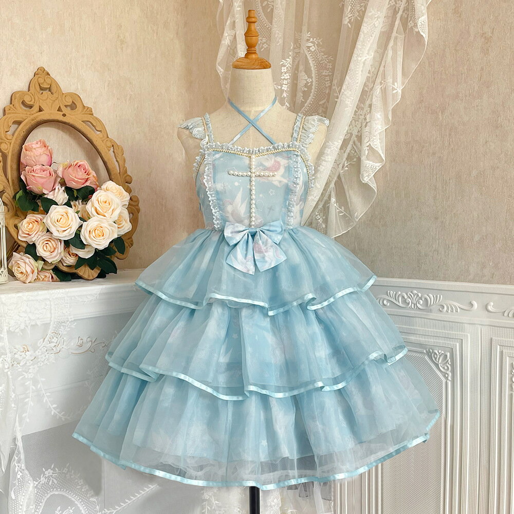 錦慕-獨角獸之夜-日系jsk洛麗塔洋裝 淡藍色甜美可愛吊帶連衣裙夏