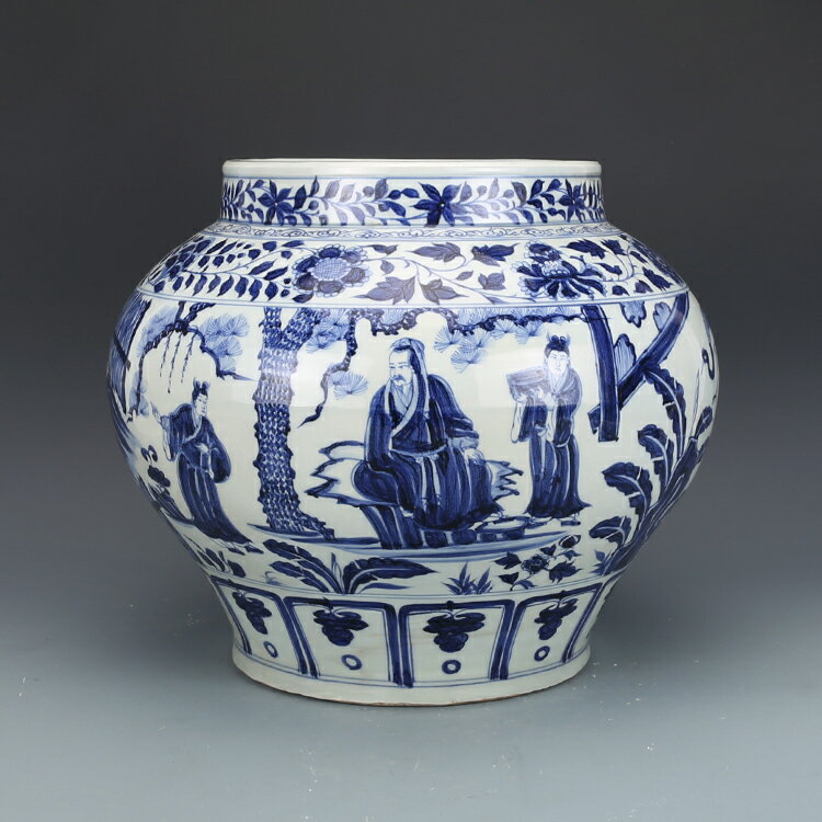元青花柴燒三顧茅廬大罐 仿古瓷器古董真品古玩收藏擺件