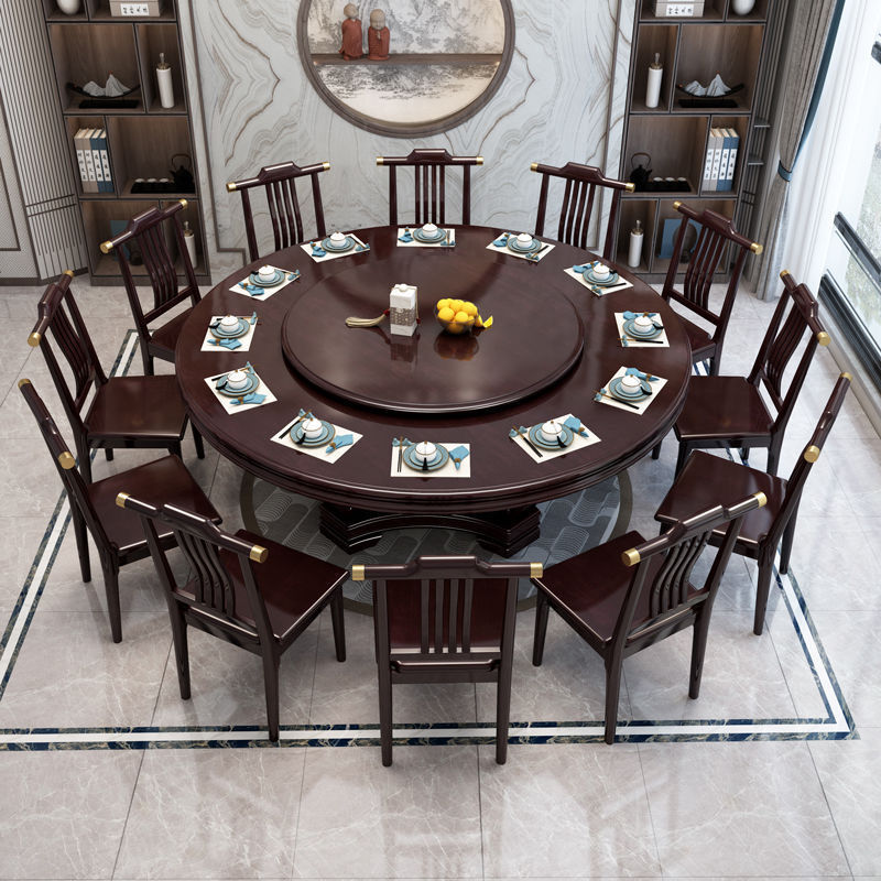 椅子 餐桌 新中式實木餐桌椅組合家用圓桌帶轉盤圓形電磁爐吃飯桌飯店大圓桌
