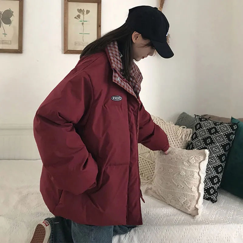 羽絨外套棉服棉衣酒紅色棉襖麵包時尚百搭韓版寬松加厚港風學生女冬季新款【聚寶屋】
