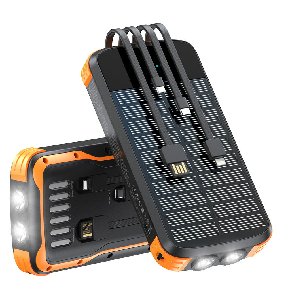自帶線PSE認證太陽能PD雙向行動電源 登山LED露營燈軍規戶外防水防塵防摔移動電源20000mAh 5