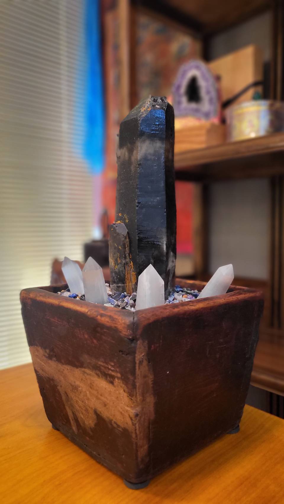 【轉運水晶】黑鱷魚骨幹能量柱聚寶盆 藝術裝飾 能量