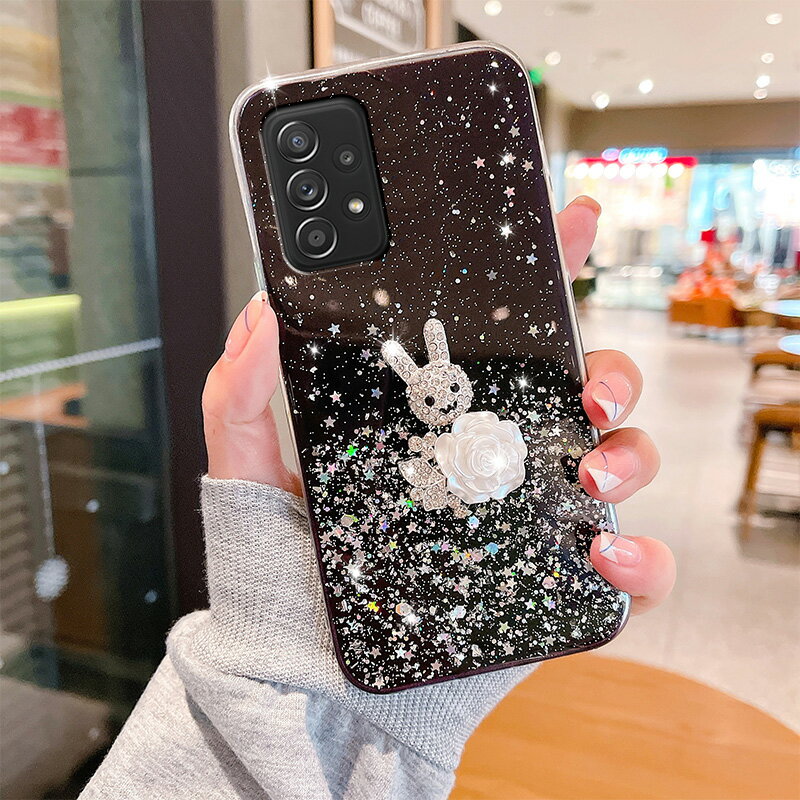 水鉆兔子適用于三星A52手機殼4g立體浮雕女生Samsung情侶款新品閃粉可愛a52 5g花朵透明滴膠Galaxy軟殼保護套