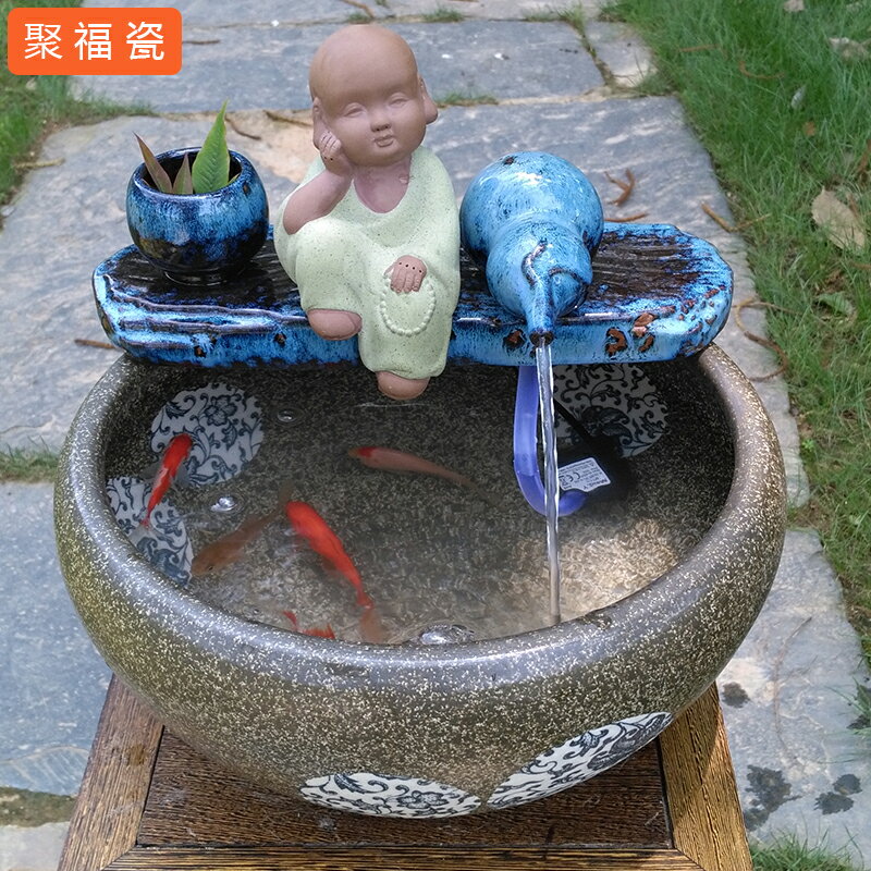 陶瓷流水噴泉擺件加濕水景門面造景招財風水魚缸