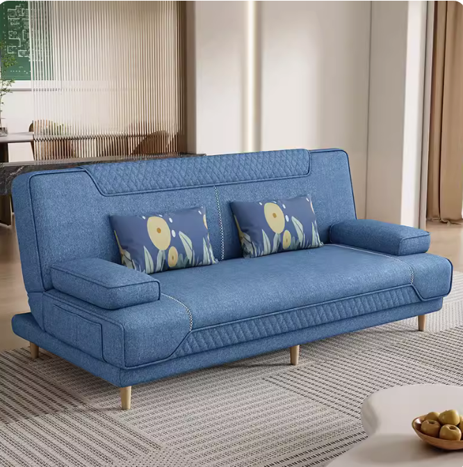 藍色麻布沙發 兩用小戶型多功能折疊床 簡約家用客廳公寓懶人可躺可睡