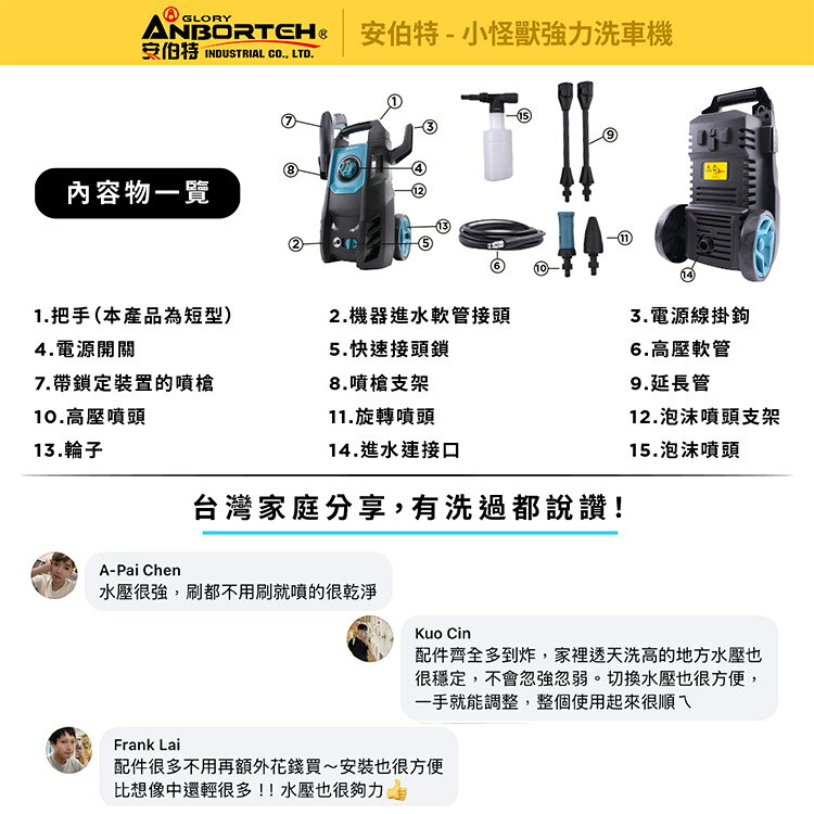 限量送-洗車11件組【安伯特】小怪獸強力洗車機(一年保固) 多功能高壓清洗機 車家兩用 灰塵淤泥 青苔汙垢 鳥屎髒汙 沖洗車頂 遮雨棚 外牆 7