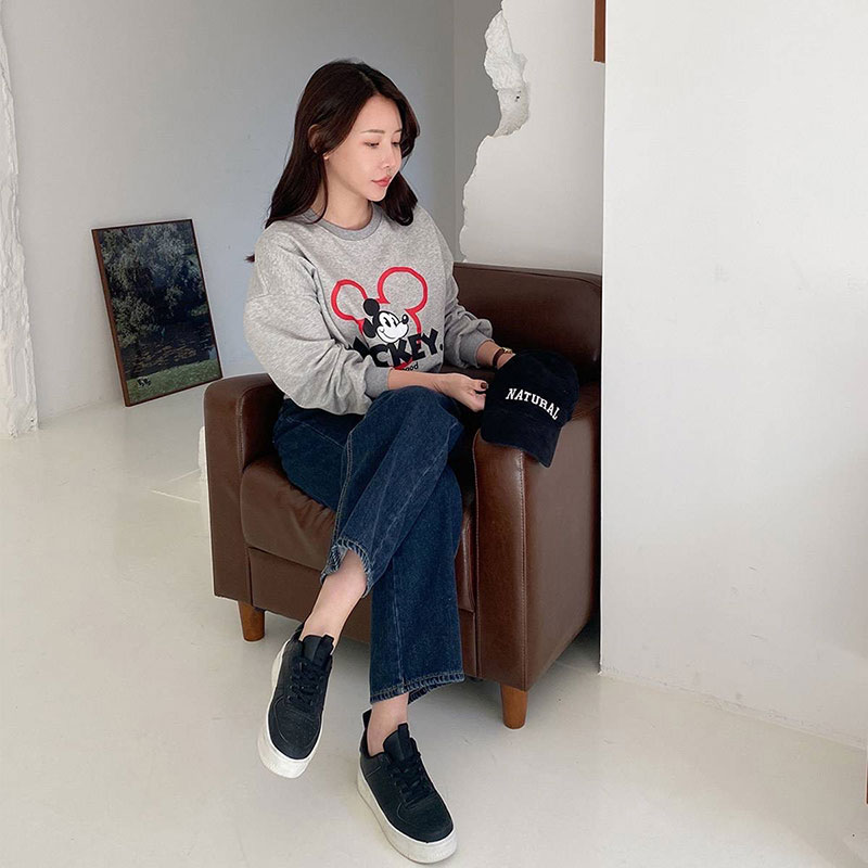 ANNAS 正韓米奇刷毛衛衣 長袖加絨大學T 寬鬆慵懶卡通圖案 韓國米奇上衣 3