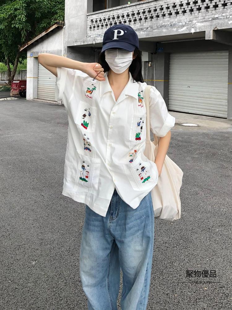 美式復古短袖襯衫女款夏季日系設計感小眾polo領襯衣上衣日本