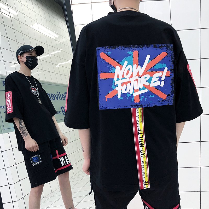 FINDSENSE2019 夏季 新款 韓國 街頭 嘻哈 撞色 拼接 字母印花 時尚 寬鬆 個性短袖 半袖T恤 潮男上衣