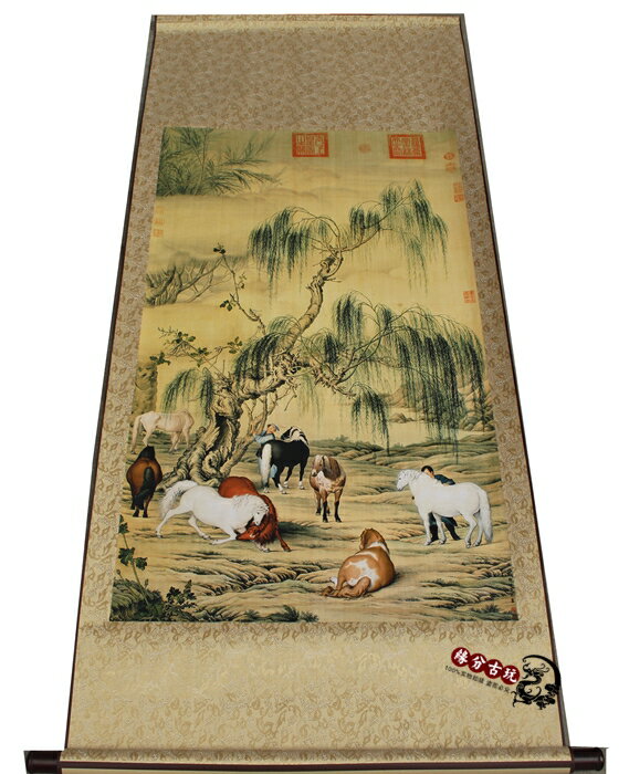 古玩仿古字畫書法國畫山水畫客廳裝飾墻掛畫 中堂畫八駿圖八馬圖1入