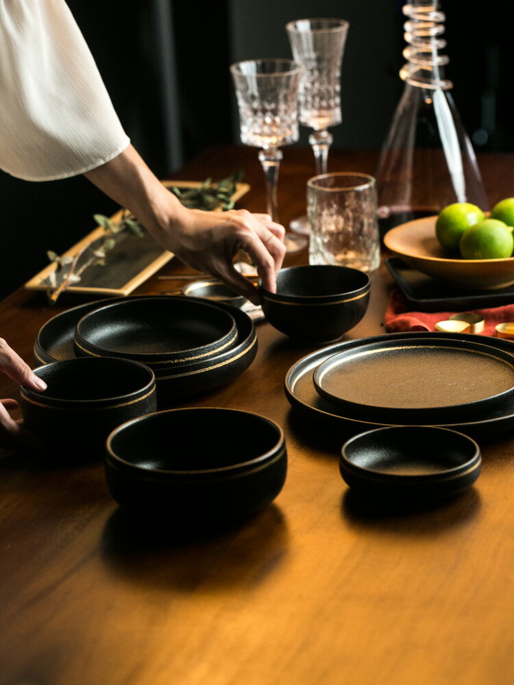 朵頤格魯北歐餐具套裝創意碗盤組合 家用金邊米飯碗商用陶瓷碗碟1入
