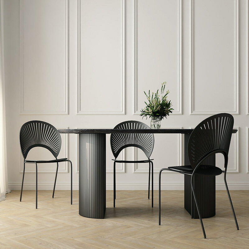 桌子 法式復古黑色實木餐桌桌椅組合樣板間大理石餐桌橢圓形中島臺桌子