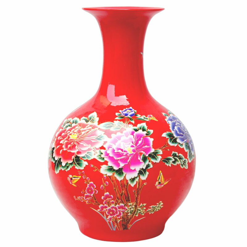 aj38景德鎮陶瓷器落地大花瓶擺件中國紅花開富貴中式家居客廳擺件