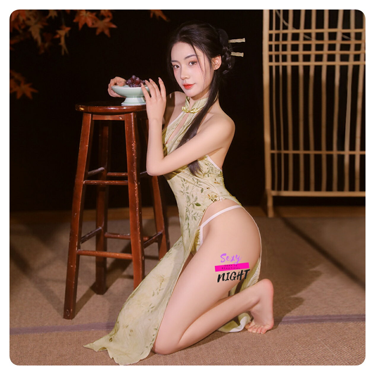 《H7523》國色天香高開衩露臀旗袍