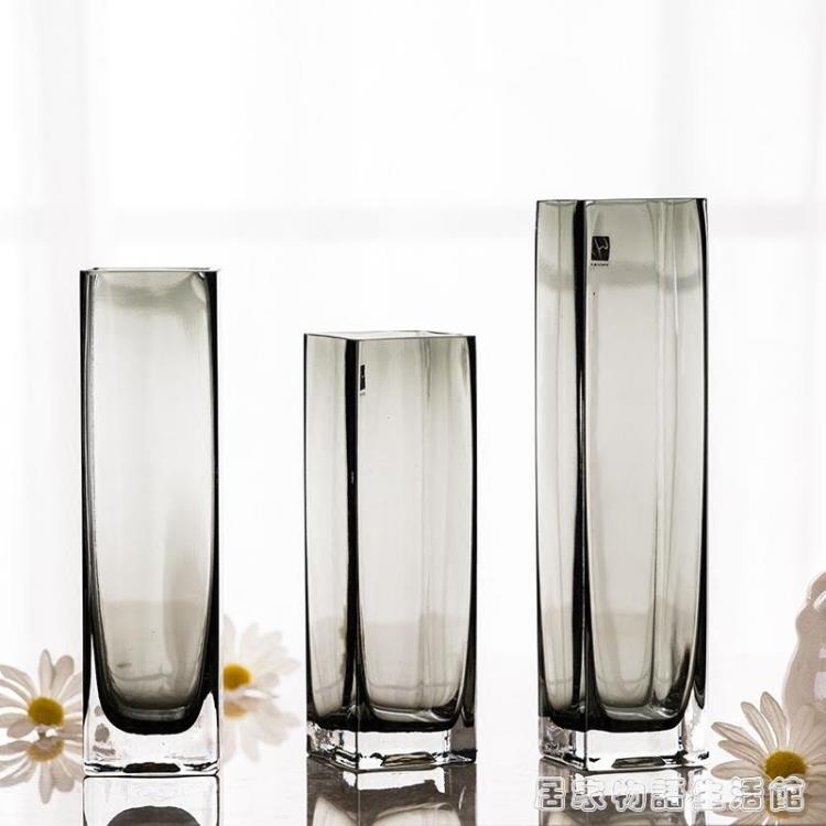 簡約正方口花瓶玻璃透明手工方缸套色工藝花器擺件酒店家居裝飾 全館免運