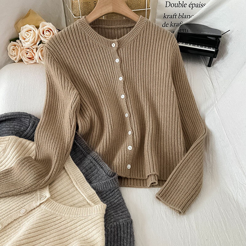 復古長袖針織開衫女新款初秋溫柔風韓系修身顯瘦上衣服