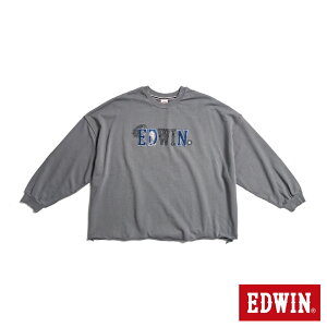 EDWIN 再生系列 CORE 環保丹寧變形蟲LOGO寬版不收邊厚長袖T恤-女款 灰褐色 #換季折扣