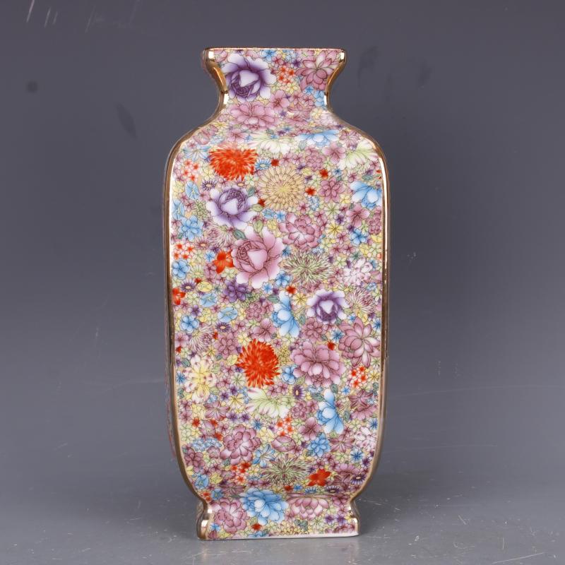 清乾隆年制粉彩描金萬花不落地四方花瓶仿古觀賞瓷器擺件古董古玩1入