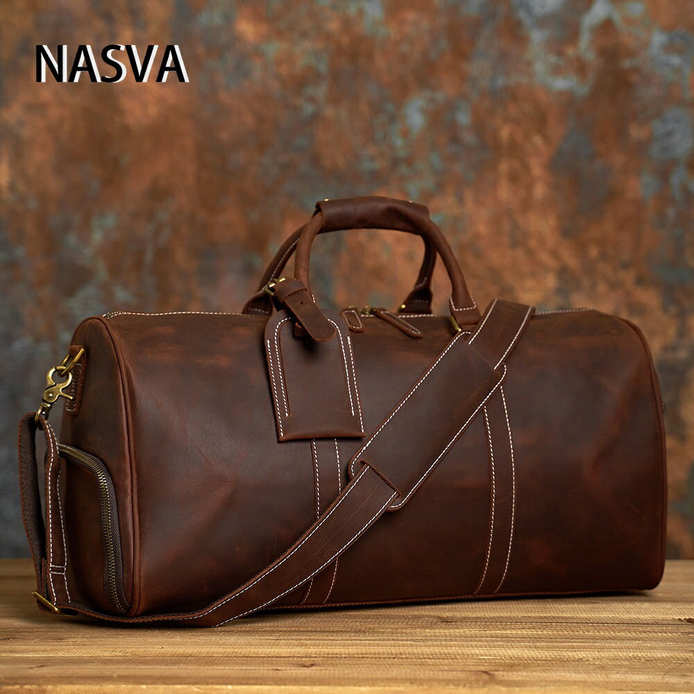 NASVA男士真皮旅行包復古男士手提包行李包斜背包商務旅行筆電包