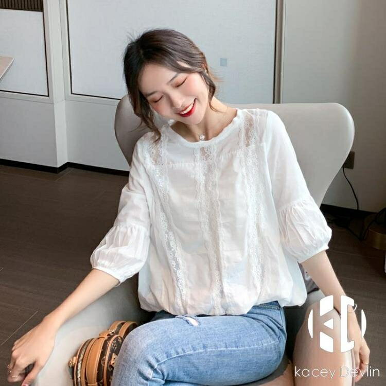 雪紡襯衫短袖上衣女薄襯衣蕾絲花邊上衣夏季【聚物優品】
