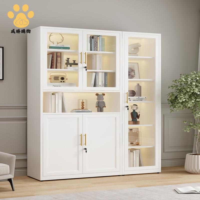 北歐鐵藝書櫃 玻璃門置物架 收納櫃 現代簡約落地書櫥客廳儲物小櫃子Y9/12