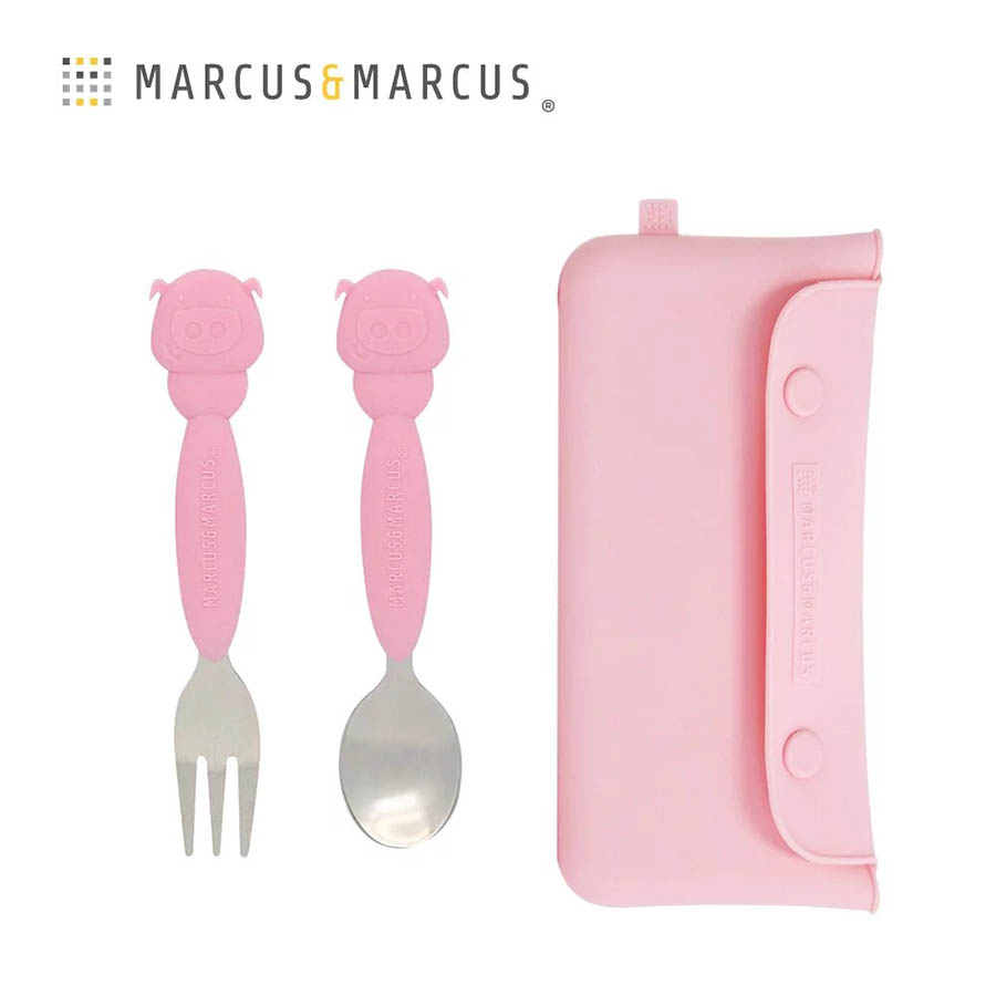 【加拿大 Marcus & Marcus】兒童餐袋 + 不鏽鋼叉匙組 (玫瑰粉)