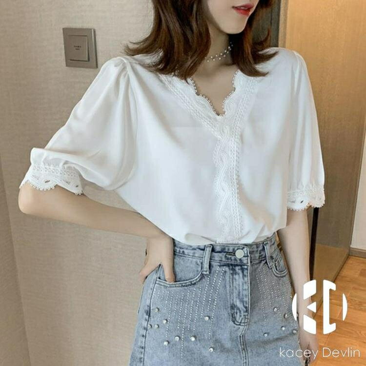 V領上衣短袖襯衫雪紡衫小衫T恤衫女【聚物優品】