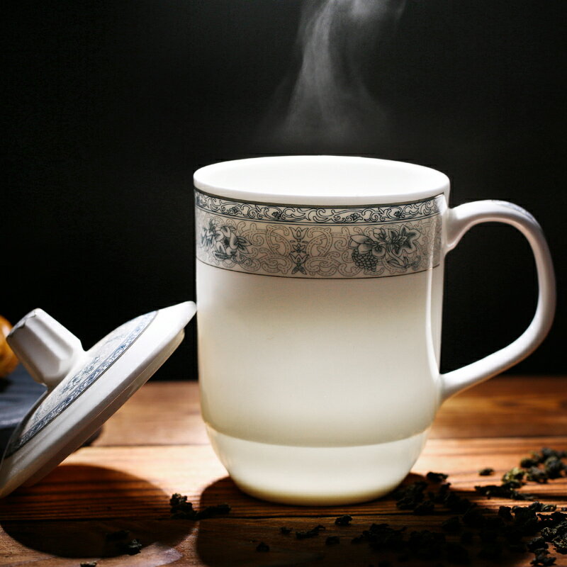 景德鎮陶瓷茶杯家用水杯馬克杯帶蓋泡茶杯子辦公杯會議杯賓館定製