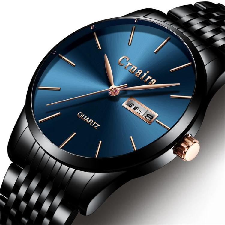 新款瑞士防水男士手錶雙日歷商務男錶鋼帶超薄全自動石英錶非機械 免運 開發票