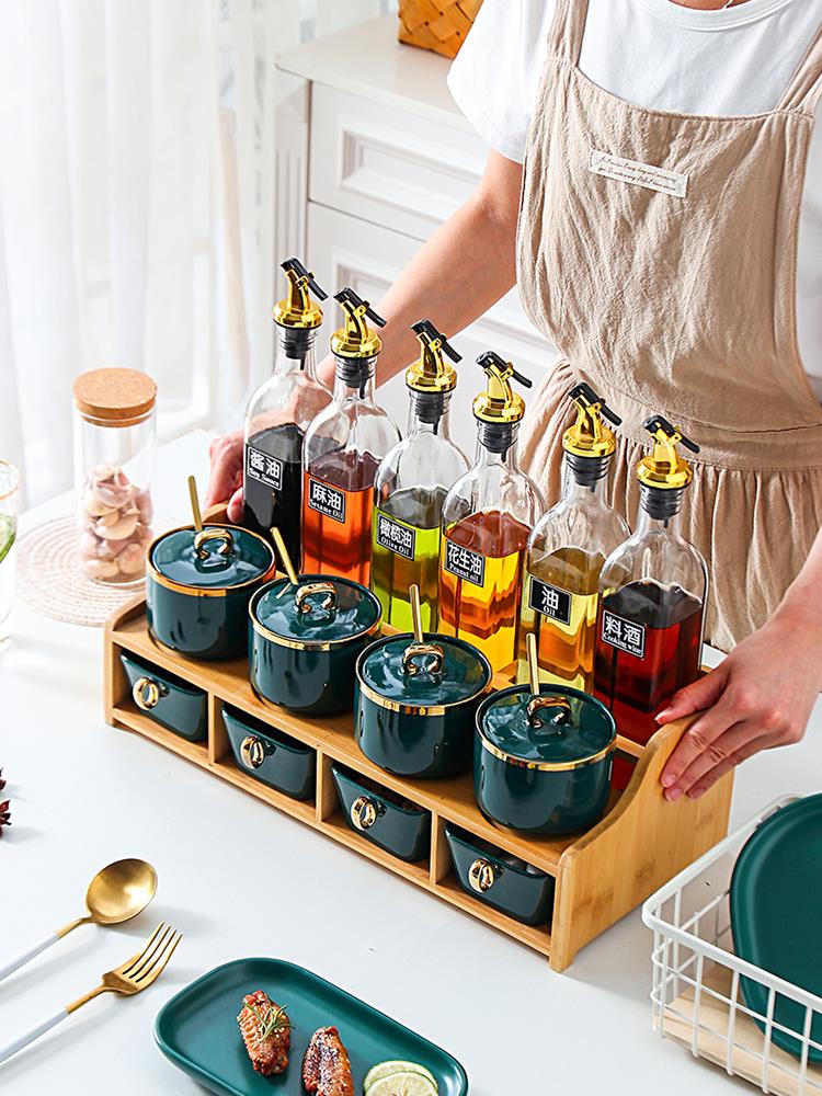 北歐調味盒家用組合裝一體勺蓋套裝油瓶調罐料置物架玻璃陶瓷廚房